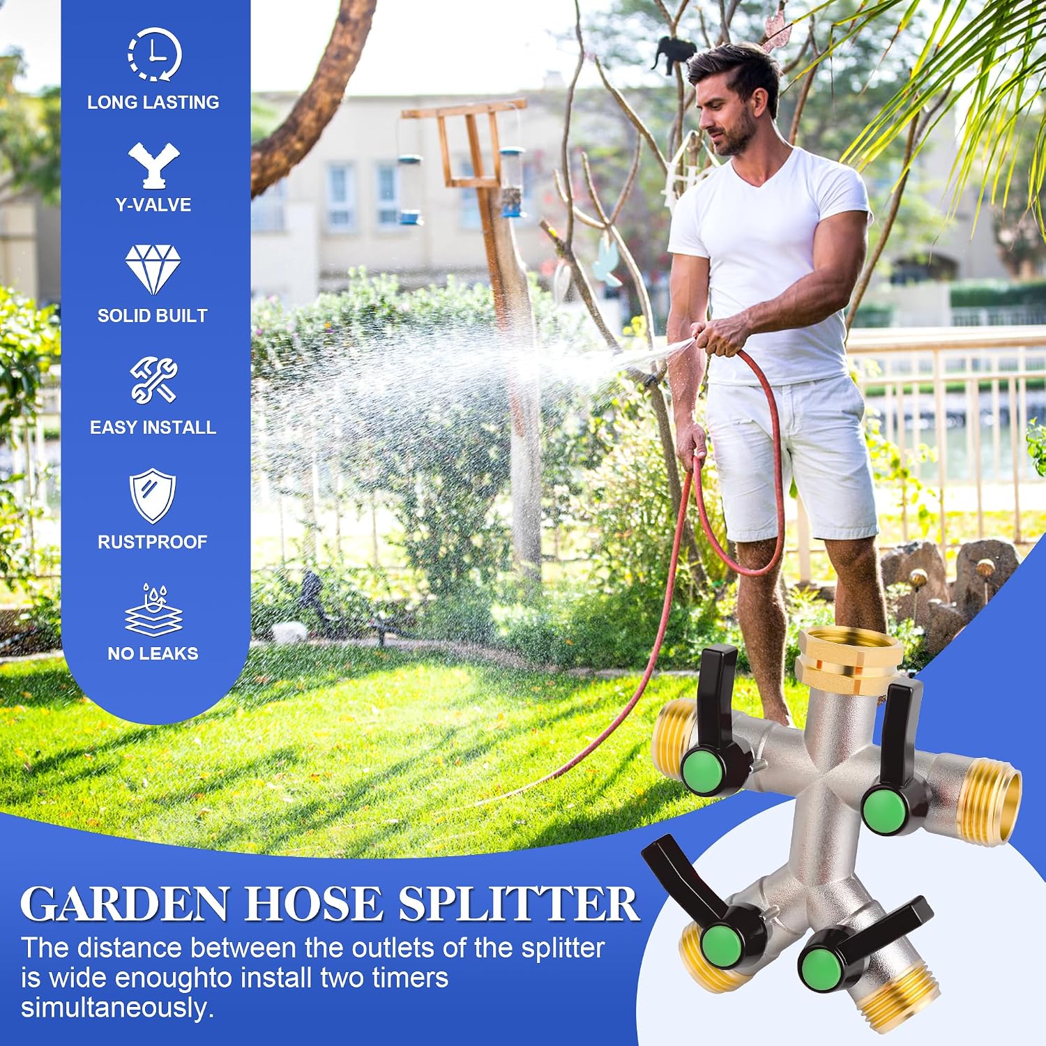 EJW Hose Splitter 4 Way, Garden Hose Splitters, Heavy Duty Faucet Splitter,Rv Brass Water Hose Y Splitter, Hose