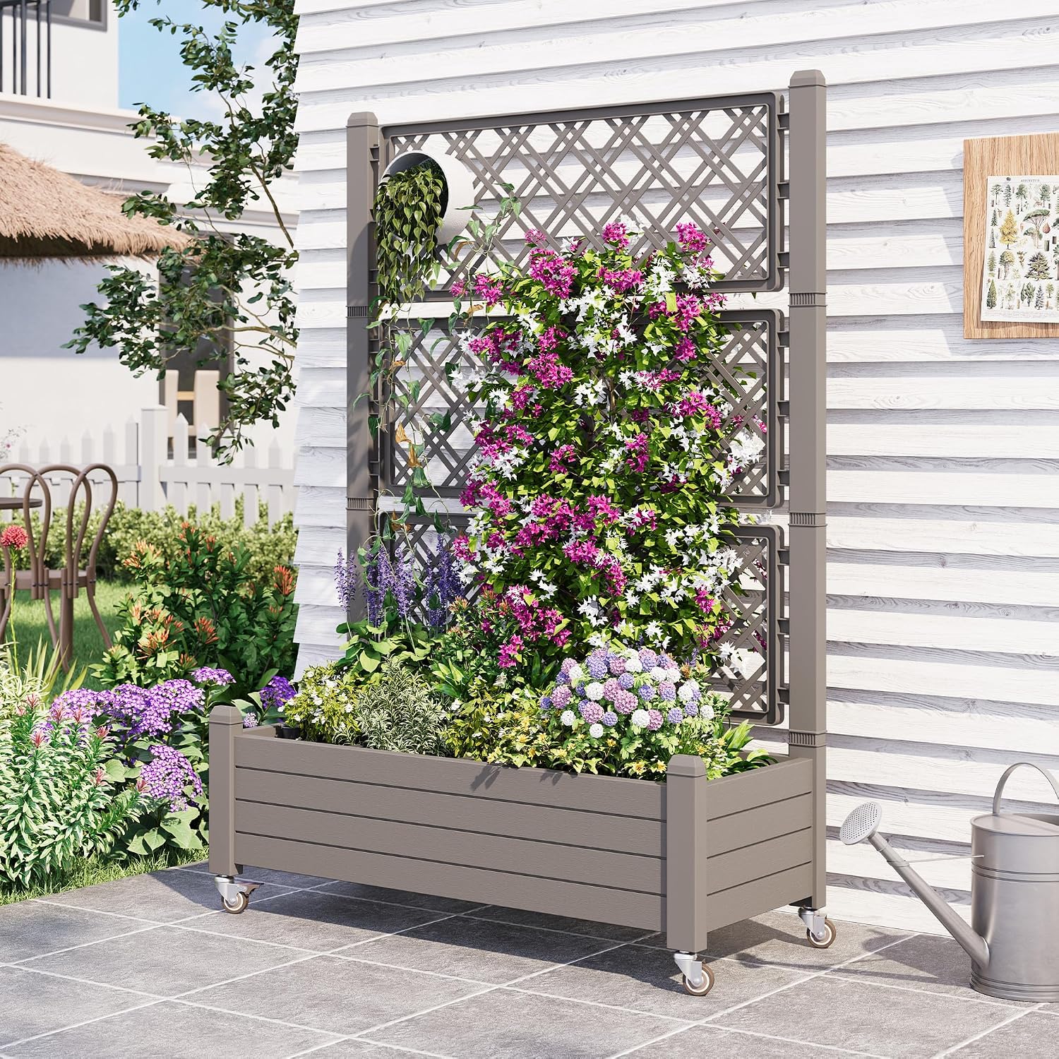 Fancyango Raised Garden Bed with Wheels 61.2" H -Gray | Resin Elevated Garden Planter Box with Trellis, Outdoor Planter