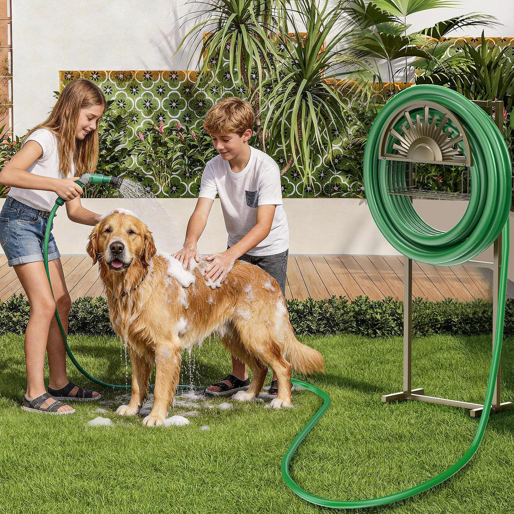 GOFORWILD Garden Hose Reel Holds 150ft of 5/8 Hose with 2 Hooks | Freestanding Water Hose Stand for Outside Patio Yard