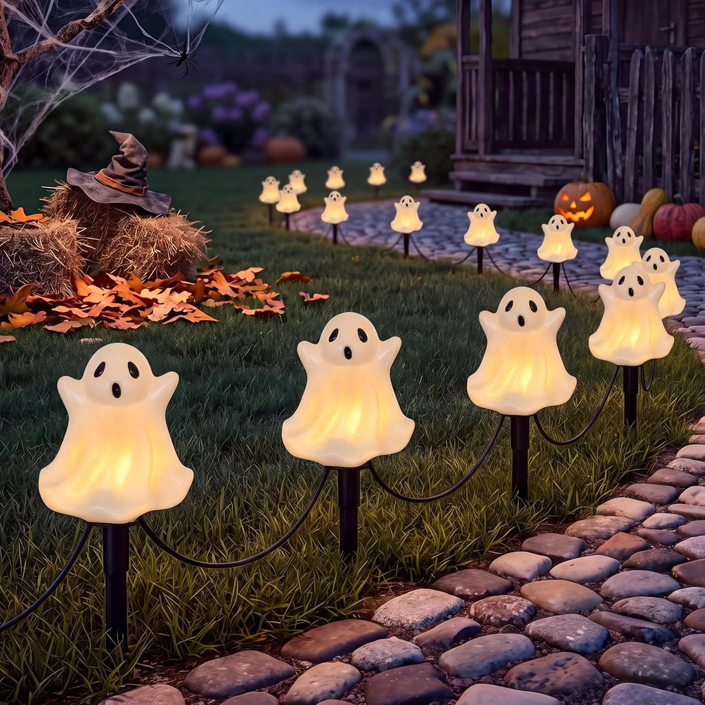 Goothy Halloween Ghosts Pathway Marker Lights, 4 White Ghosts with 4 Stakes, 7Ft Extendable Pathway String Lights, Waterproof for Halloween Lawn Walkway Driveway Markers