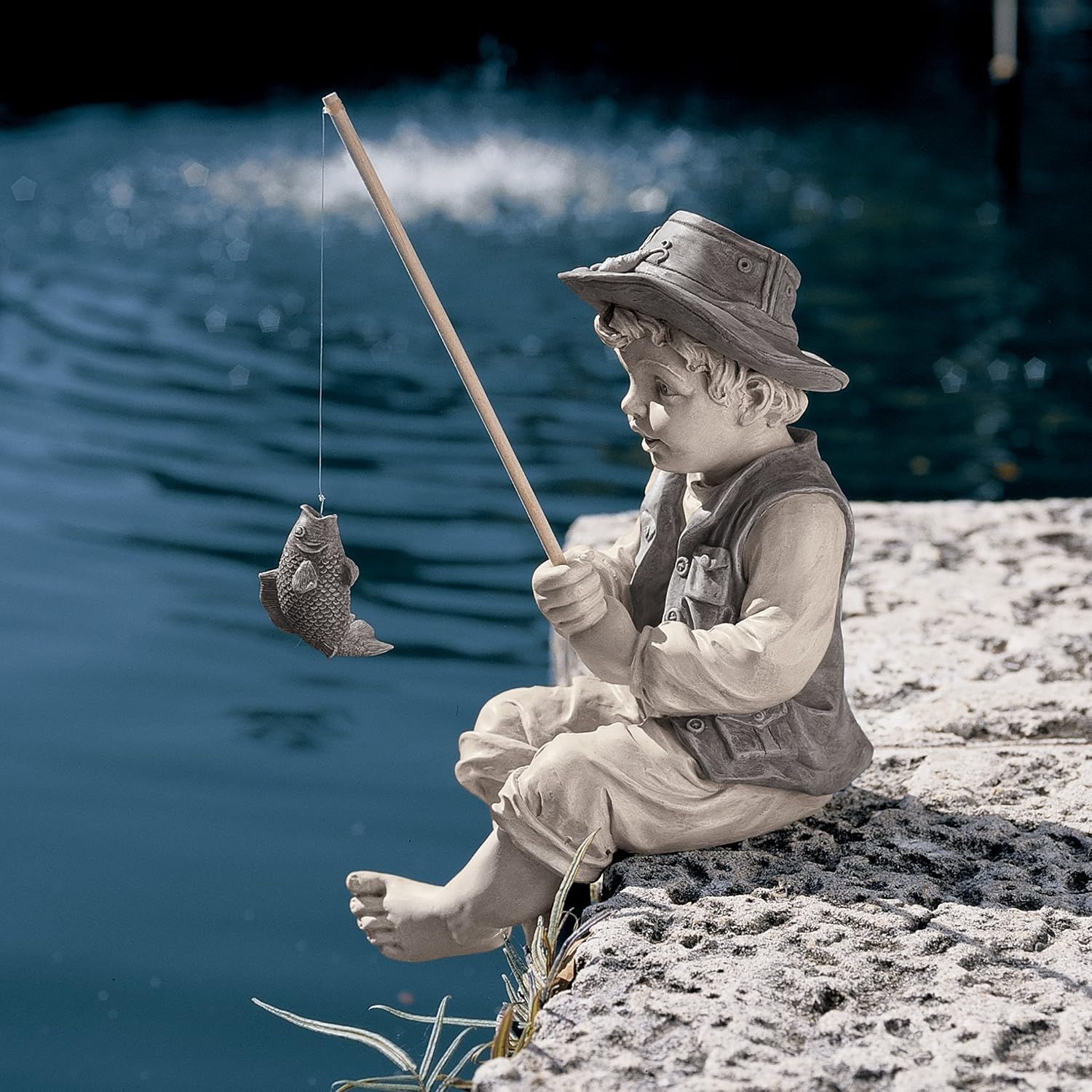 Design Toscano Frederic the Little Fisherman of Avignon Boy Fishing Garden Statue, 15 Inch Tall, Cast Stone Resin, Two