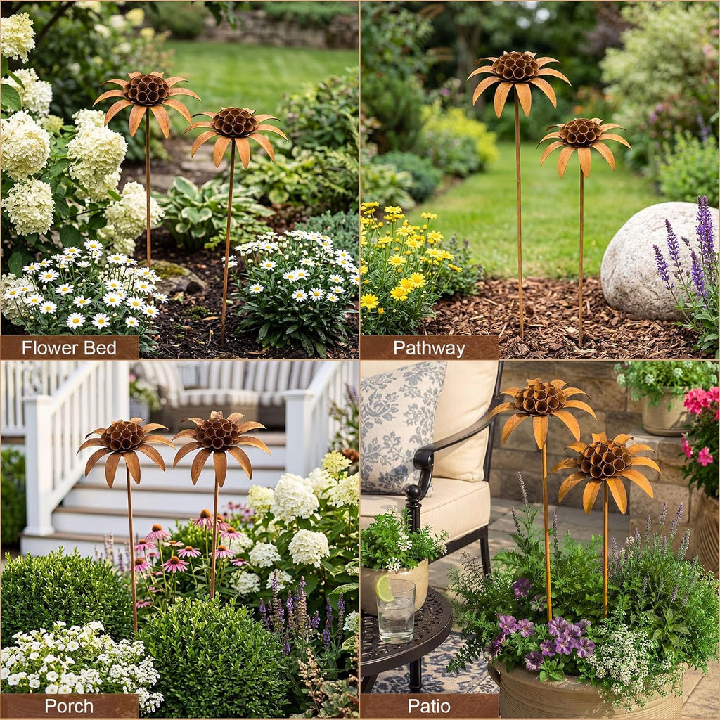 Hicarer 2 Pcs Rusty Metal Flowers for Outside, Rustic Metal Decorative Garden Stakes, Flower Bed Decorations Plant for