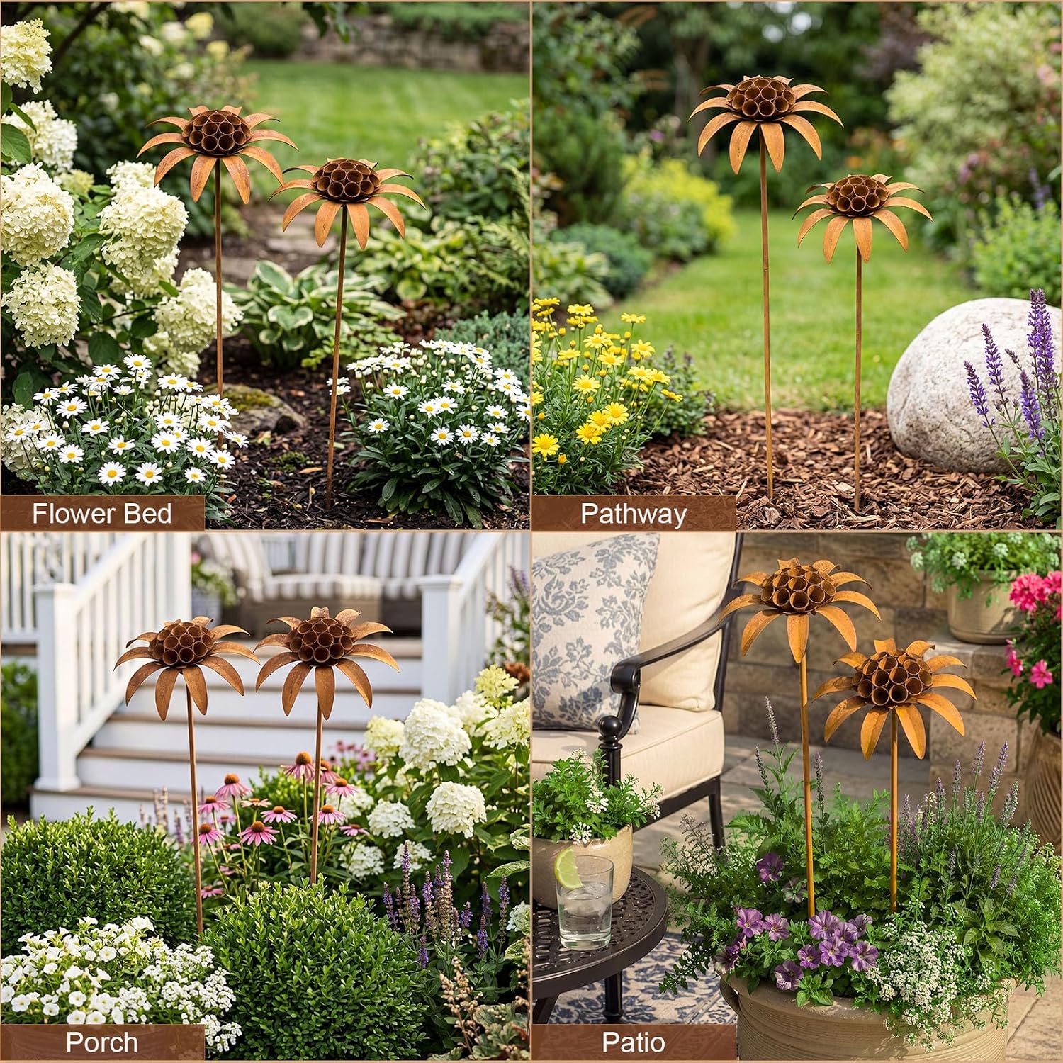 Hicarer 2 Pcs Rusty Metal Flowers for Outside, Rustic Metal Decorative Garden Stakes, Flower Bed Decorations Plant for