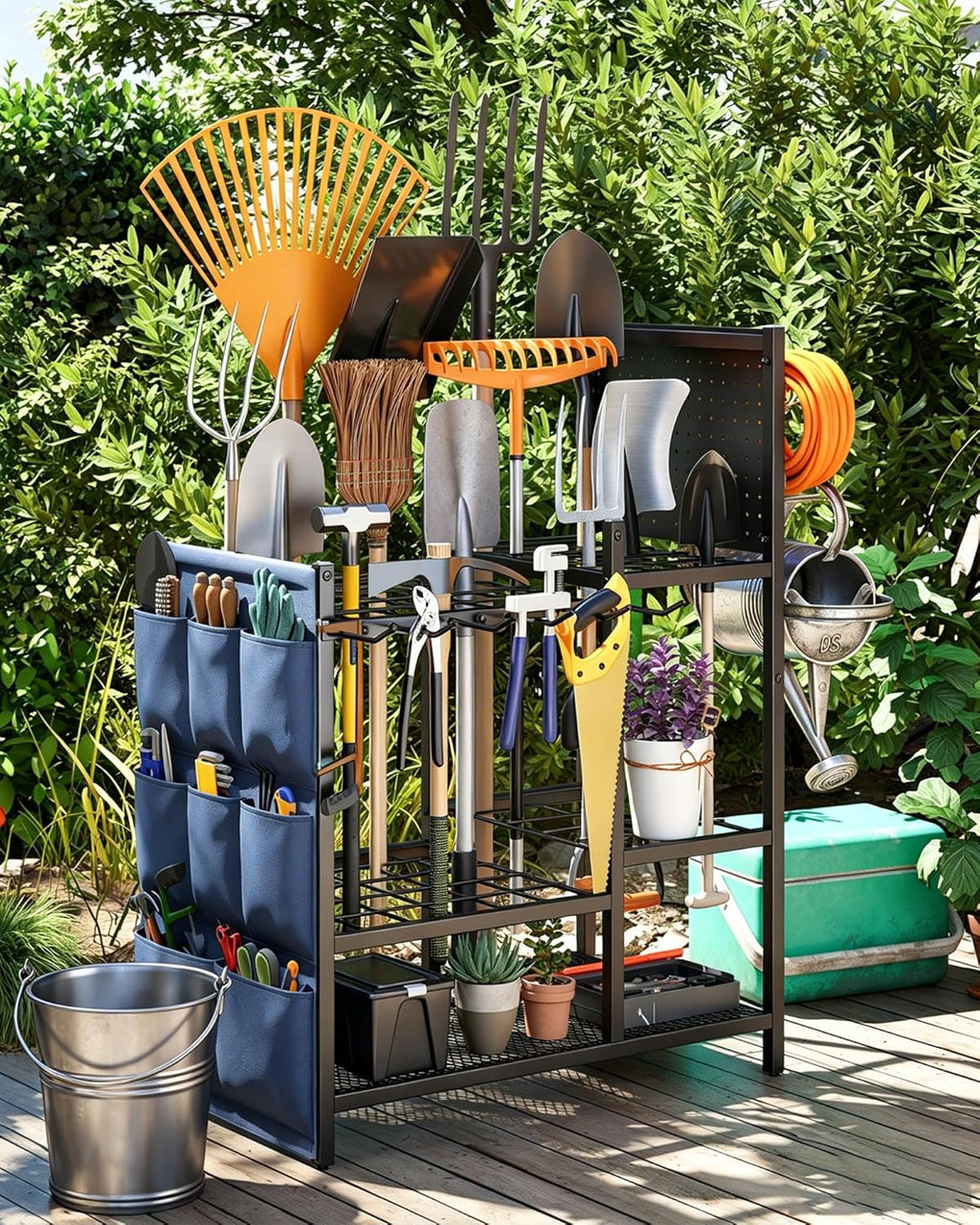 Garden Tool Organizer with Pegboard, Yard Tool Holder Standing for Garage Organization, Up to 30 Long-Handled/10