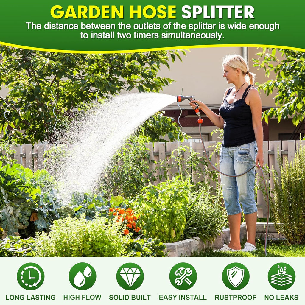 Hose Splitter 2 Way, High Flow Garden Hose Splitter, 3/4” Ght Inlet Brass Heavy Duty Hose Converter, Full Flow water 2
