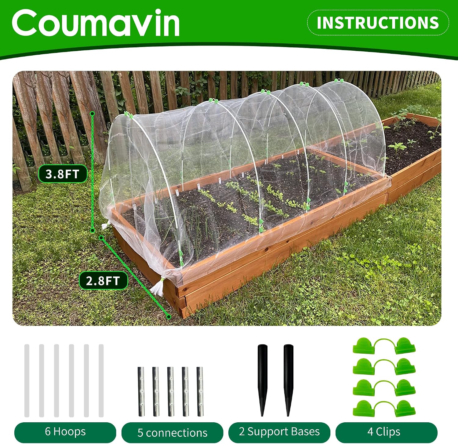 8FT Rust-Free Fiberglass Garden Hoops -72 PCS DIY Grow Tunnel Kit for Raised Beds, Row Cover Support with