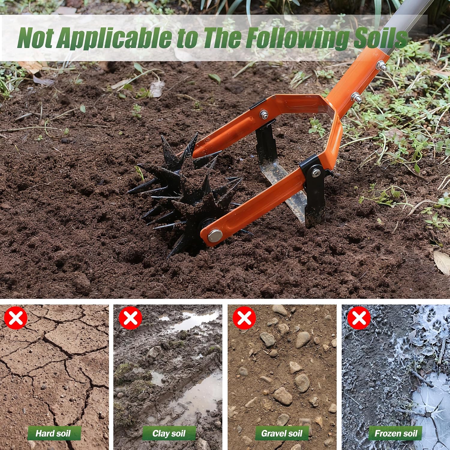 Walensee Rotary Cultivator Garden Tool, Tiller & Weeder & Stirrup Hoe | Star-shaped rotating tines break up soil