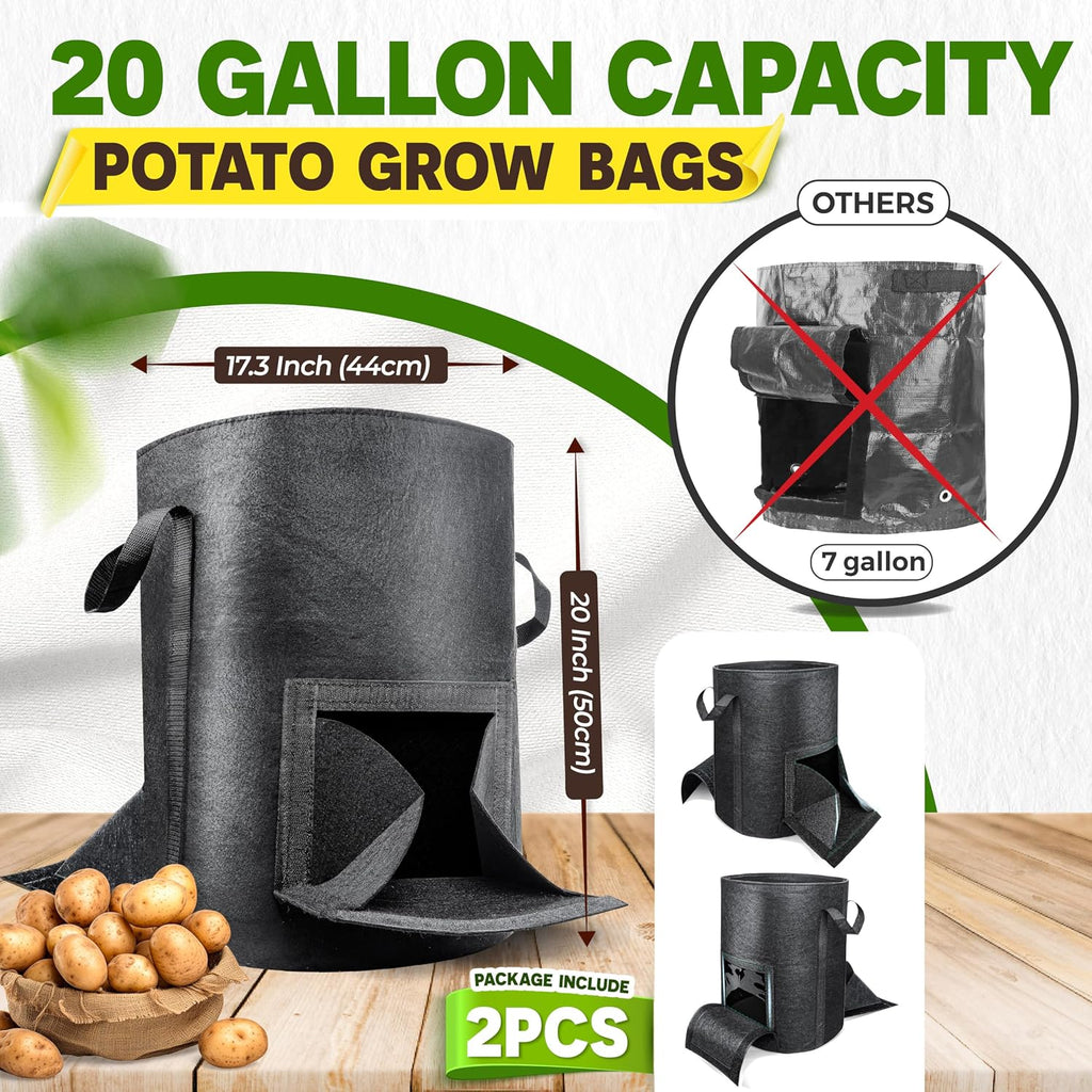 2PCS 20-Gallon Potato Grow Bag-Harvest & Visible Window Garden Planting Bag | Black Plant Grow Bag with Reinforced