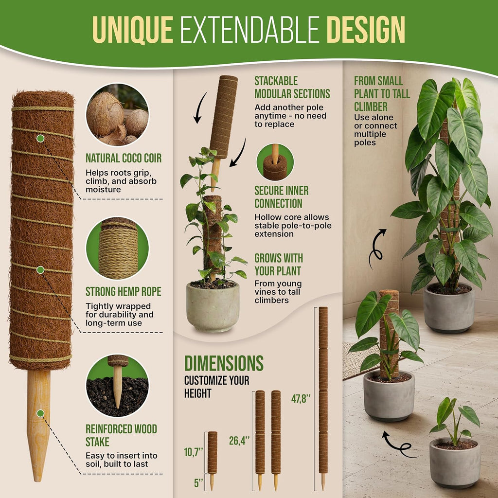 Moss Pole Monstera Plant Support Stakes - 2x26.4 or 48.7" Unique Self-Watering, Extendable Coco Coir Pole for Climbing