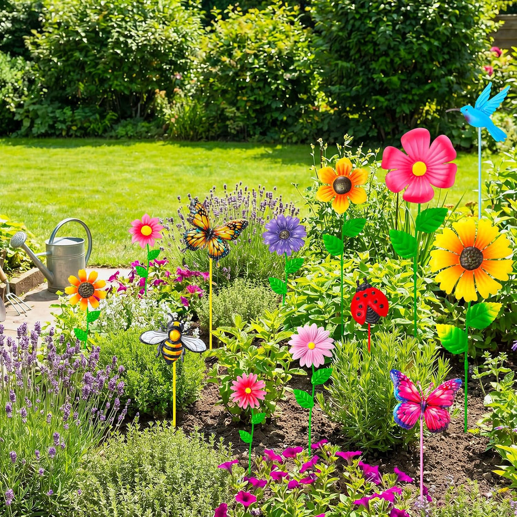 13 Pack Garden Decor for Outside, Metal Flowers Insects Bird Decorative Garden Stakes for Spring Decor, Gardening Gifts