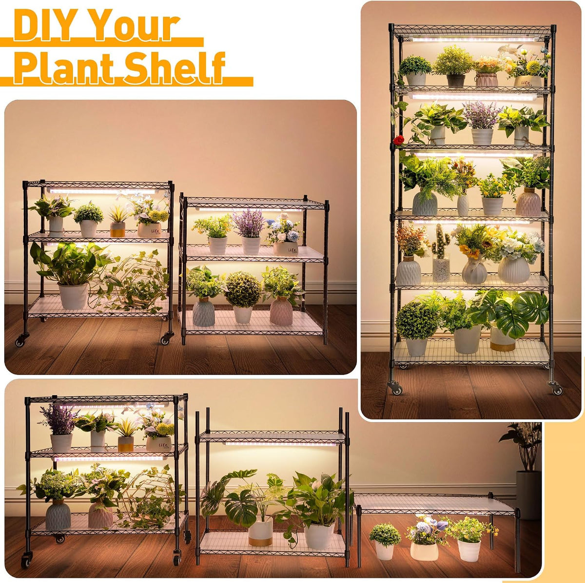 Meonum Indoor Greenhouse with Grow Lights, 6 Tier Metal Plant Shelf with Cover (30" x 13.8" x 70.8"), 5 Pack Full