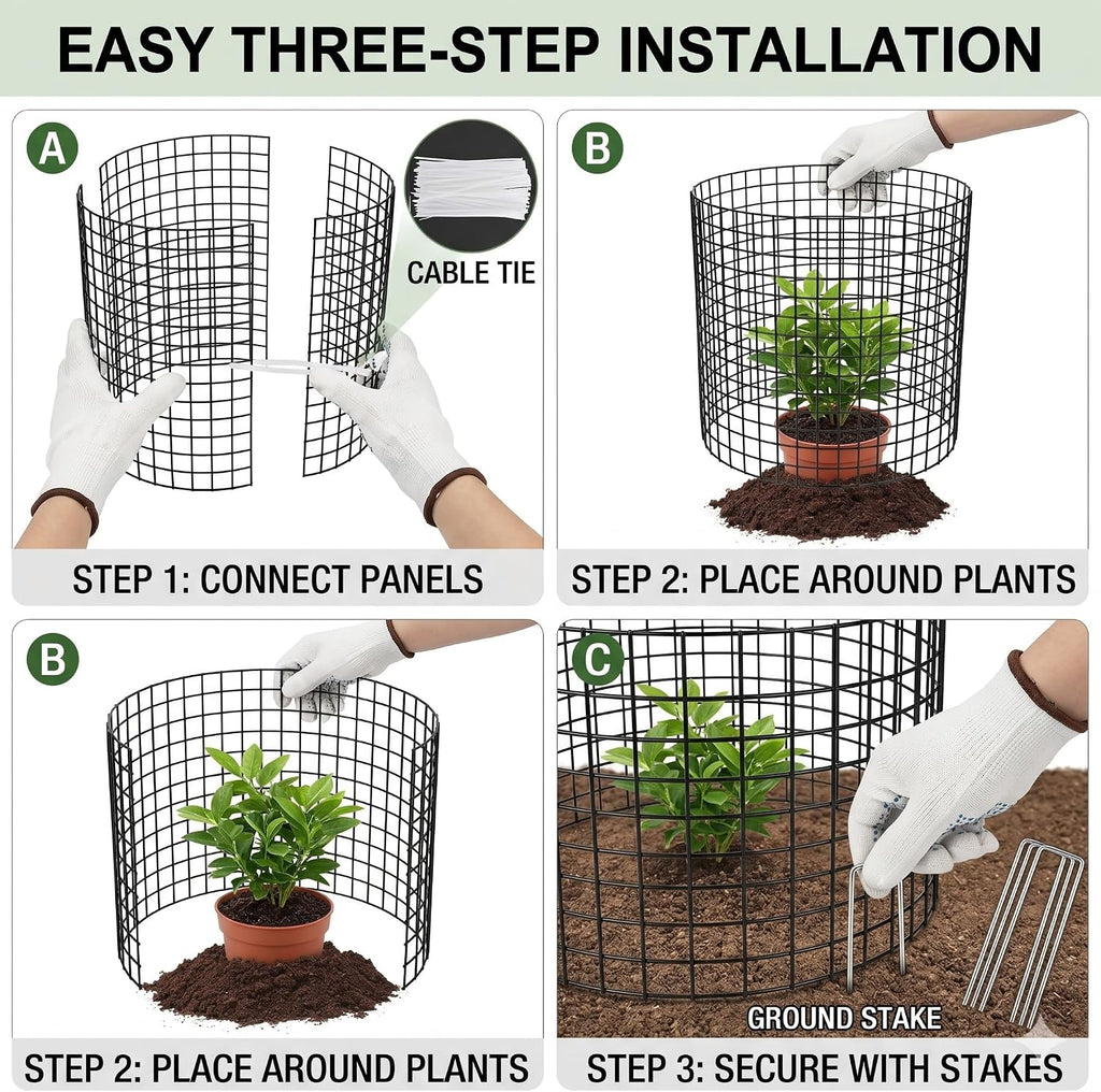 3Pack 17x14 Inch Green Coated Galvanized Wire Plant Protectors, 9Pcs Mesh Cloches with Stakes & Zip Ties, Chicken Wire