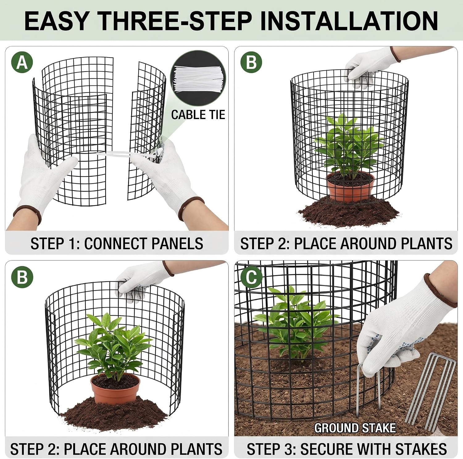 3Pack 17x14 Inch Green Coated Galvanized Wire Plant Protectors, 9Pcs Mesh Cloches with Stakes & Zip Ties, Chicken Wire