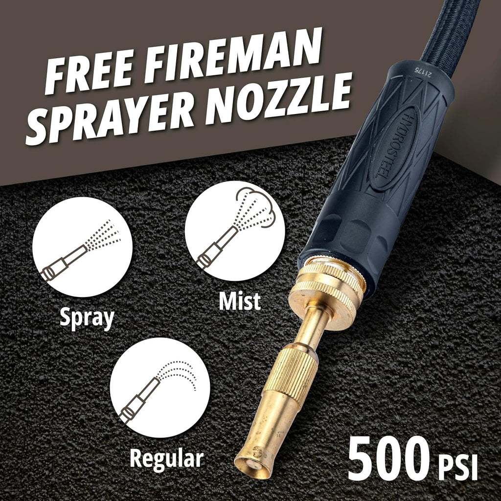 Hydrosteel PRO 50 Ft Heavy Duty Metal Garden Hose with Brass Nozzle | Made from 304 Stainless Steel, Flexible