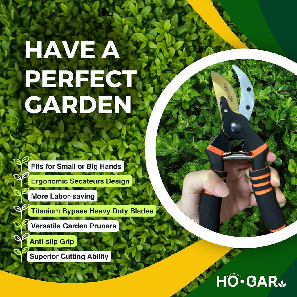 HO.GAR Premium Titanium Bypass Pruning Shears Kit: Heavy Duty Professional Hand Pruners, Gardening Scissors, Ergonomic