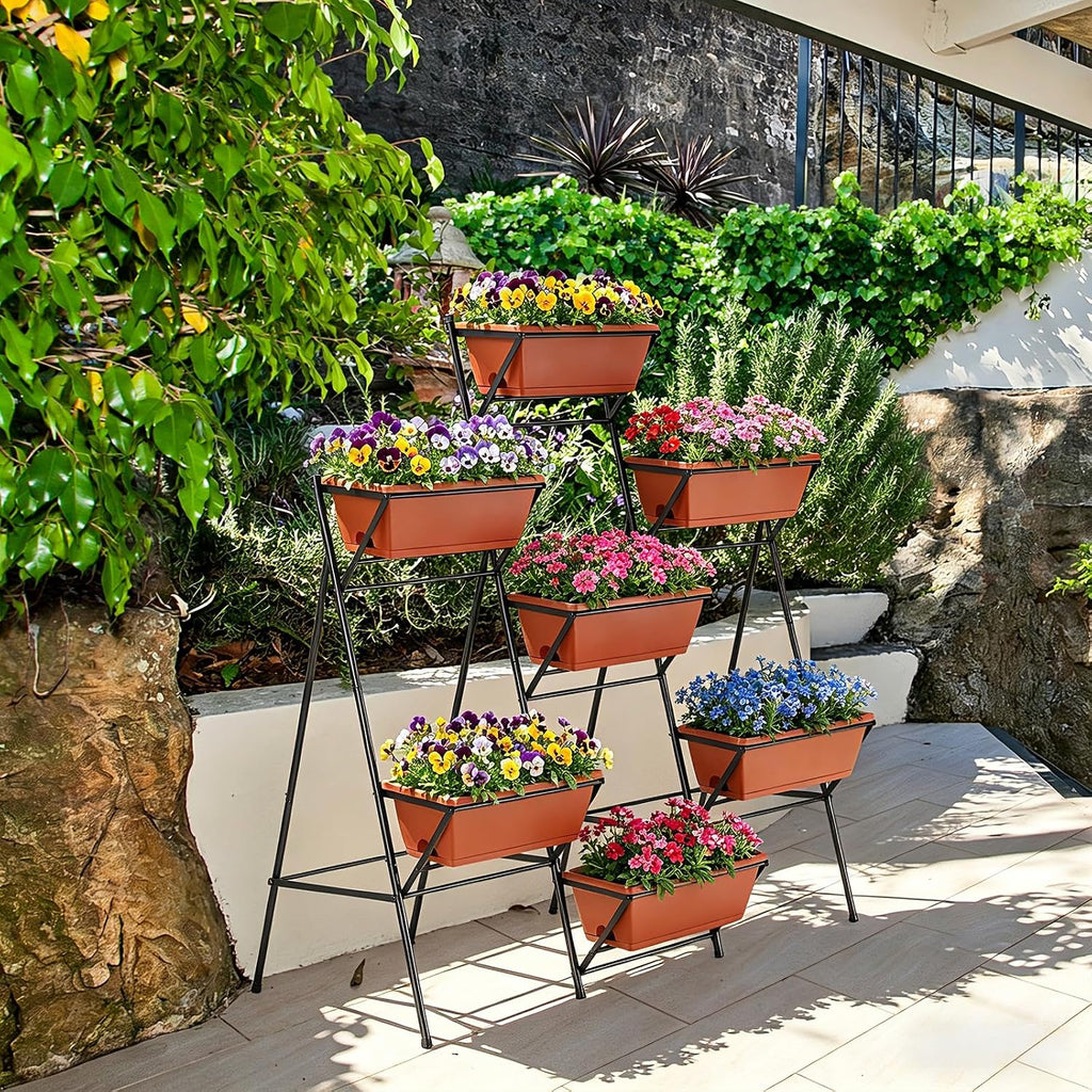 Raised Garden Bed Tiered Vertical Standing Planter Box Outdoor, Red | Metal, 7 Individual Planter Boxes, for