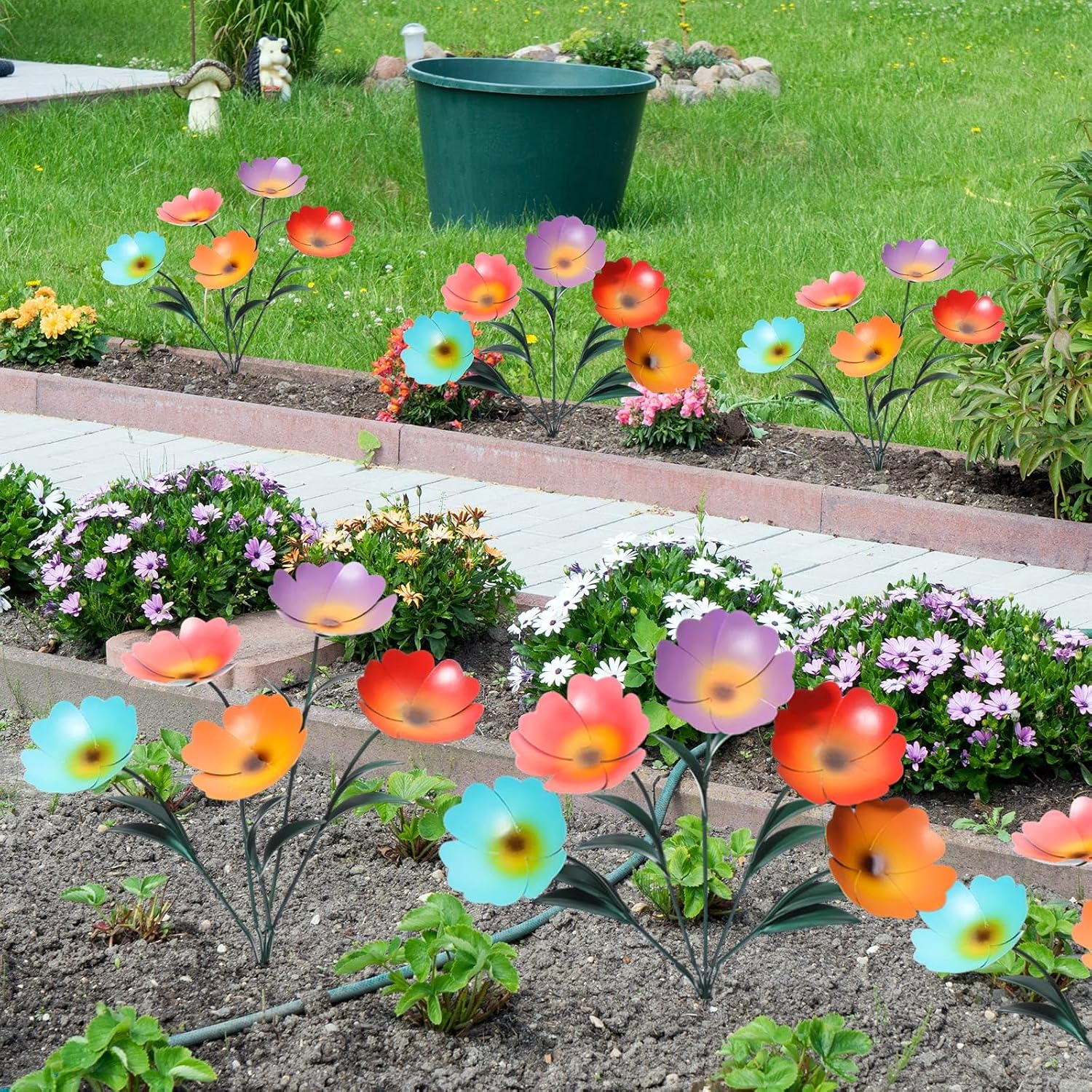 Yaocom 2 Pack Metal Flowers for Outdoor, Decorative Garden Stakes Yard Art, Outdoor Spring Garden Stake Summer Decor