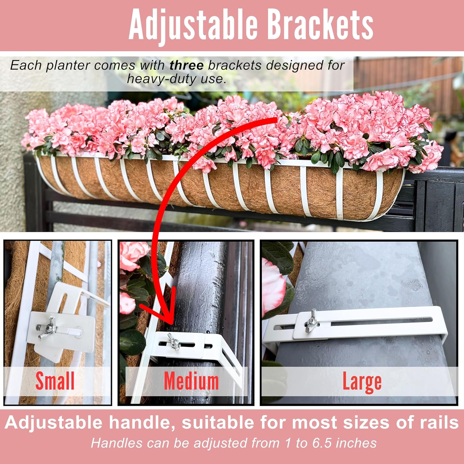 LaLaGreen Deck Railing Planter Boxes (2 Pack, 36") White Metal Extra Large Wall Hanging Planter with Coco Liner