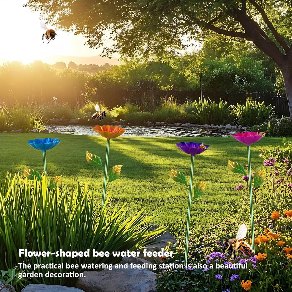 Bee Watering Station, 4 Pack Butterfly Drinking Station with Flower Design for Garden,Colorful Metal Flying Insects