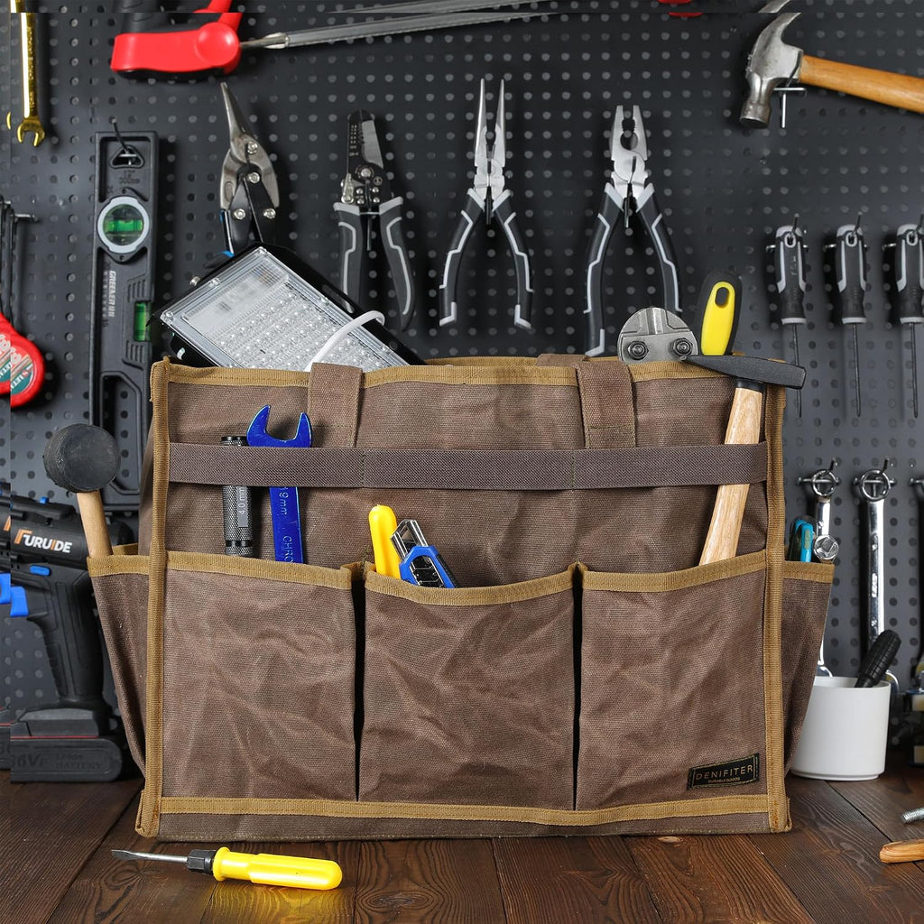 Canvas Large Tool Bag - A Large Main Pocket and 14 Insert Pockets Garden Tool Tote Bag - Durable 16oz Waxed Canvas Tool
