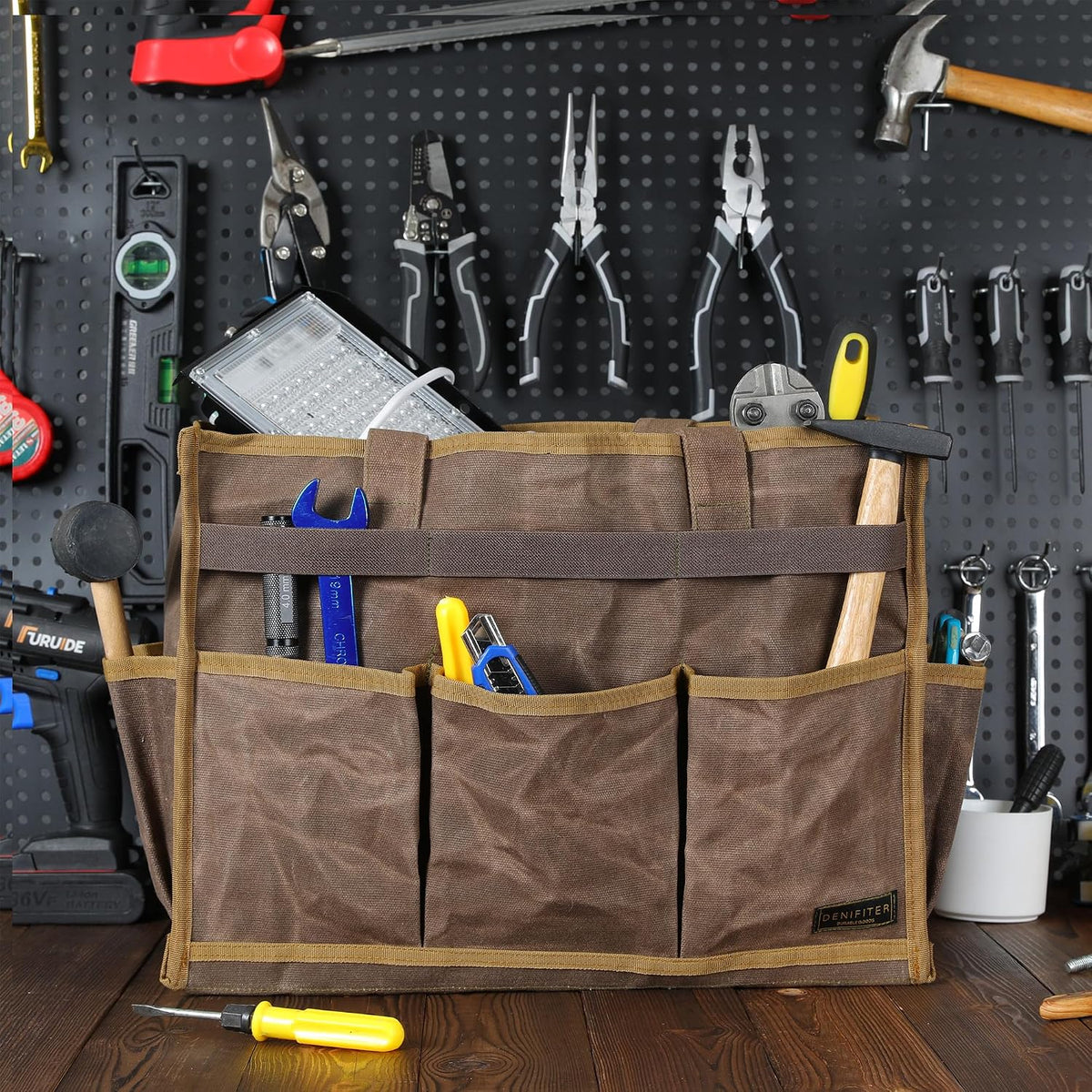 Canvas Large Tool Bag - A Large Main Pocket and 14 Insert Pockets Garden Tool Tote Bag - Durable 16oz Waxed Canvas Tool