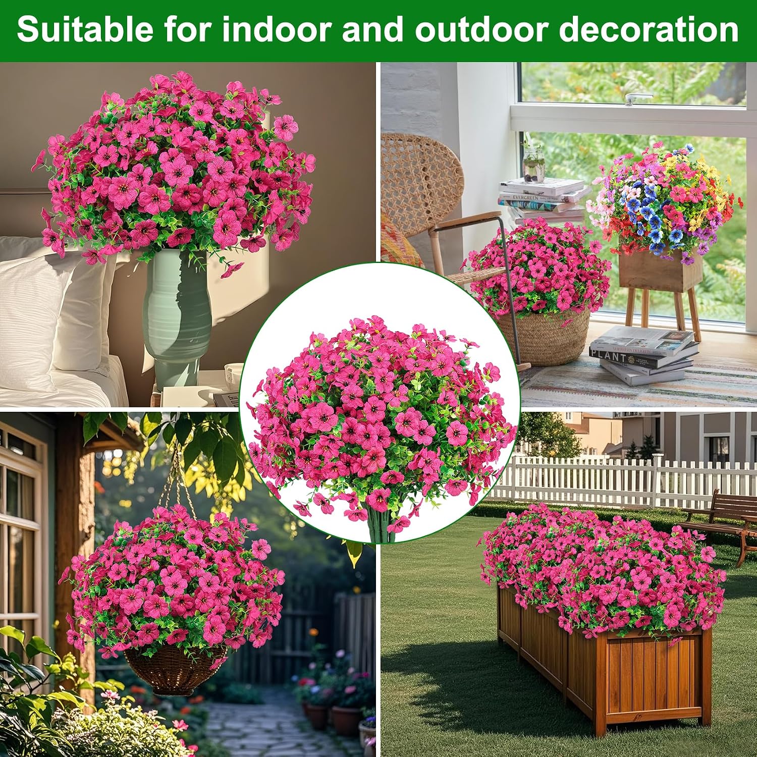 24 Pcs Artificial Flowers for Outdoors Decorations, Rose Red | Lifelike silk flowers, UV resistant, faux plastic