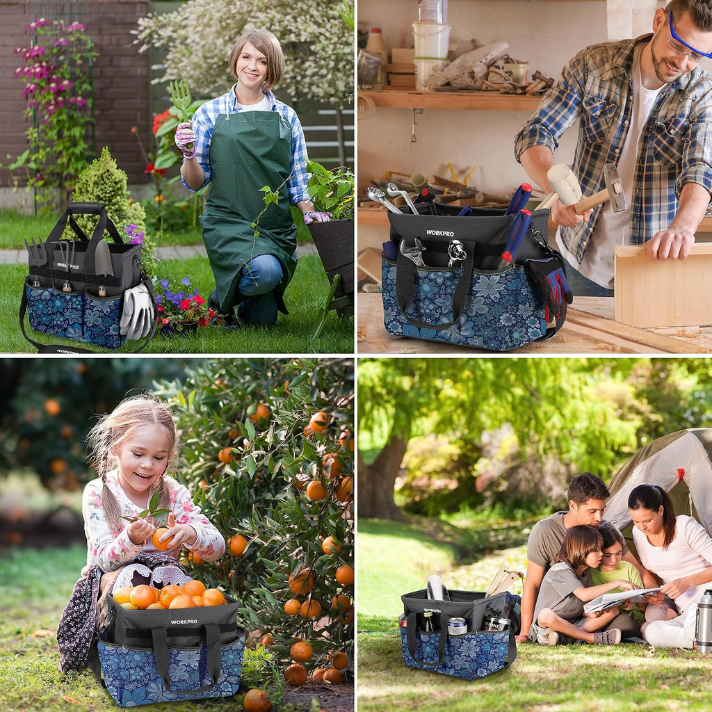 WORKPRO Garden Tool Bag, 10 Pockets and Shoulder Strap, Floral Blue | Heavy Duty Gardening Organizer Tote Bag Standable