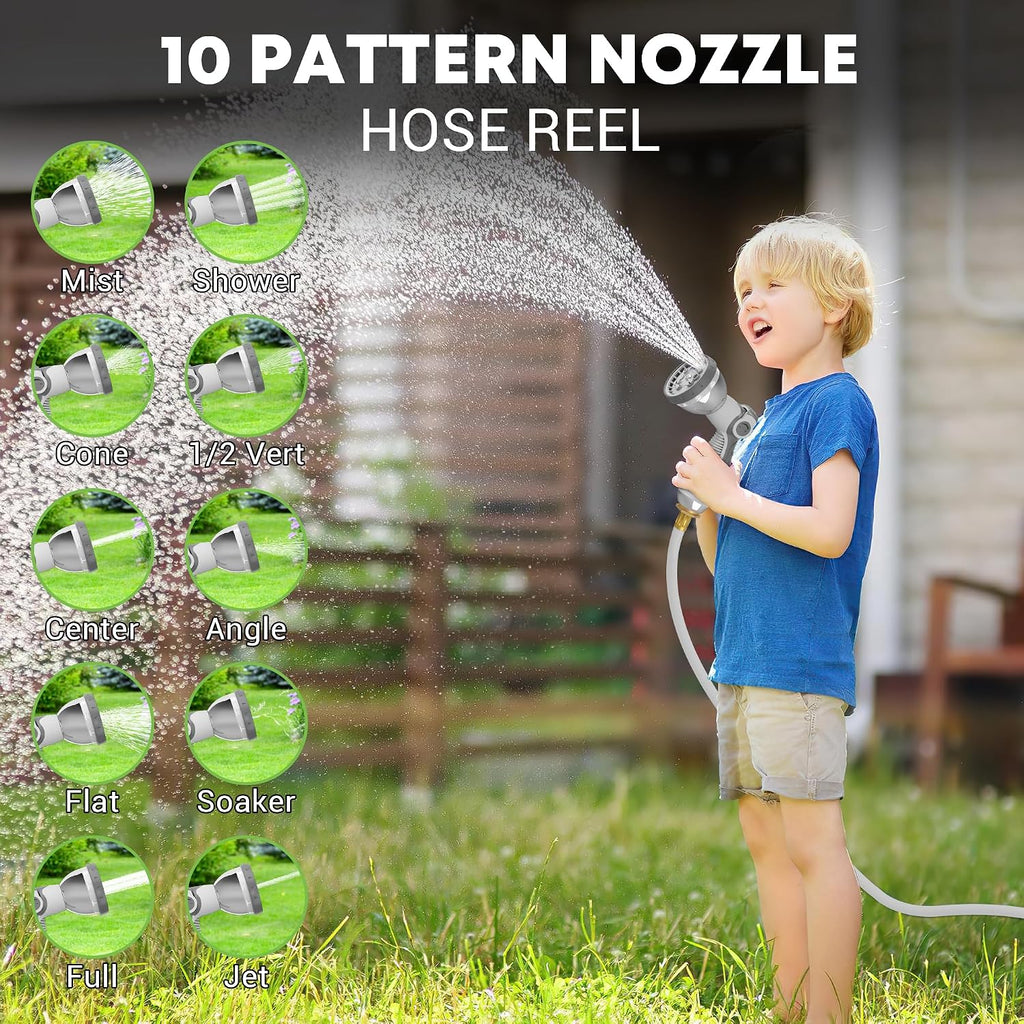 Retractable Garden Hose Reel, 1/2" x 100ft Wall Mount Heavy Duty Automatic Hose Reel with 10 Pattern Nozzle, Any Length