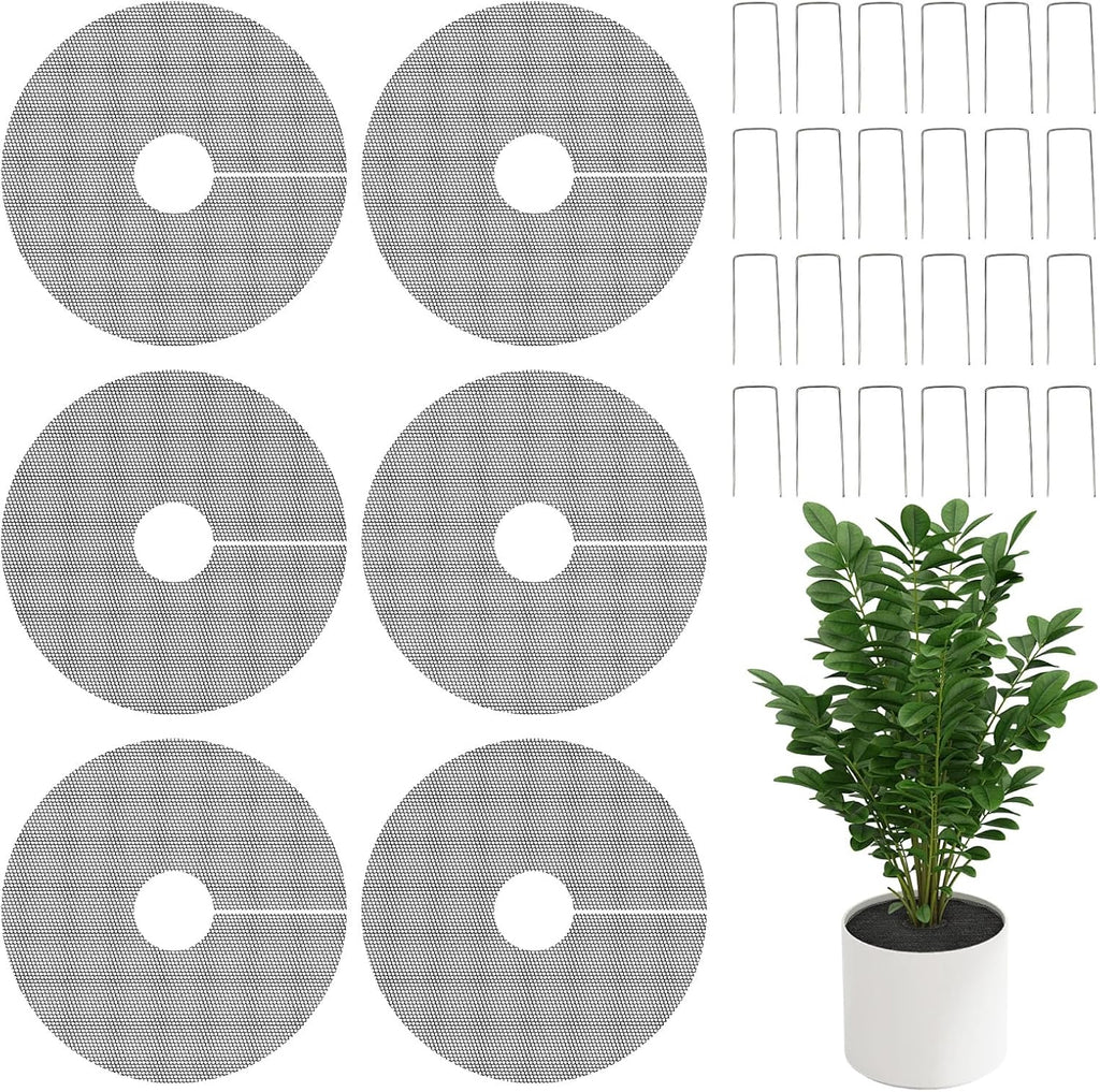 6 Pack Plant Pot Soil Cover Grids with 24 U-Shaped Nails, 11.8 Inch Cuttable Cat & Animal Digging Stopper, Indoor Outdoor Soil Protector for Potted Plants
