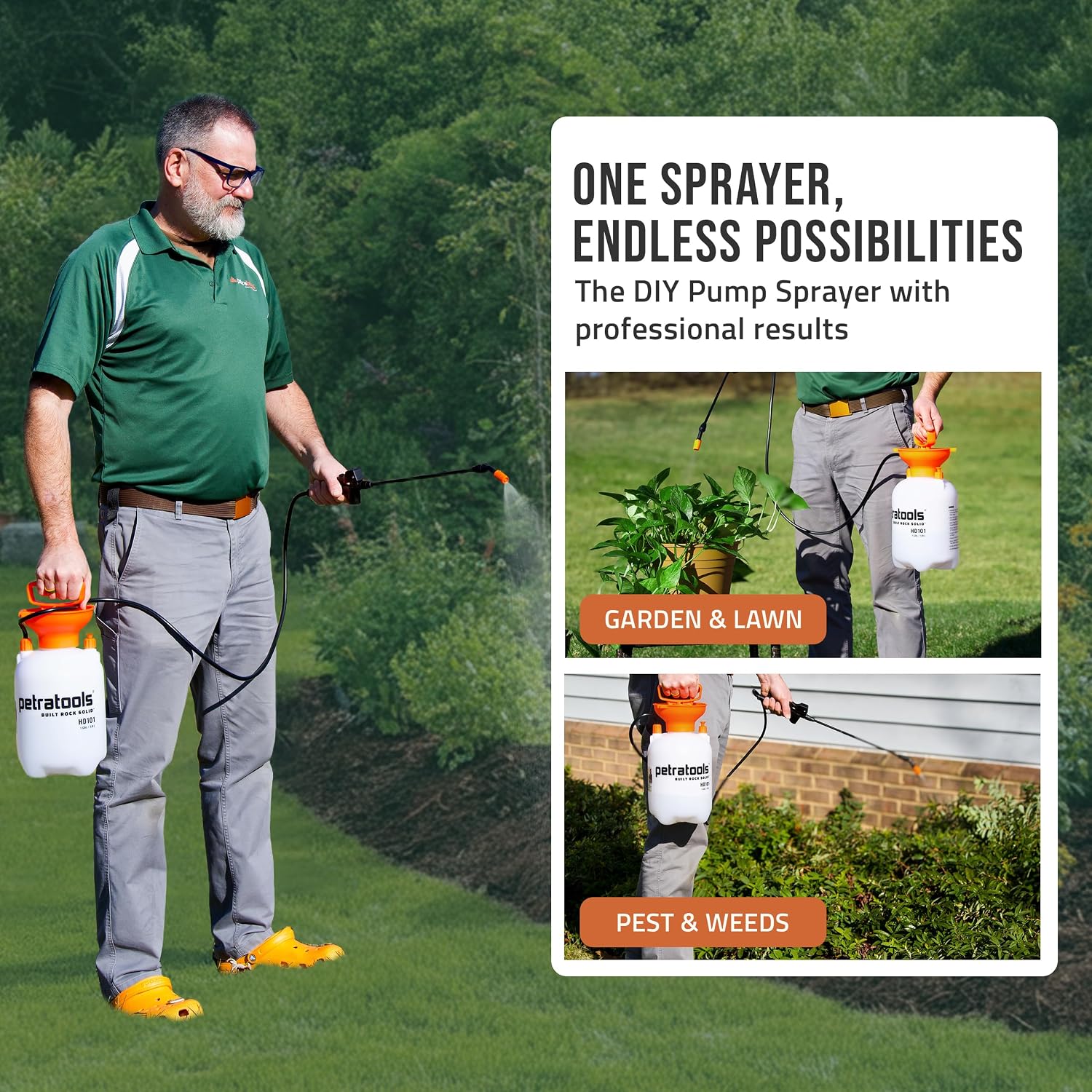 PetraTools HD101 Pro Kit - Pump Sprayer 1 Gallon, 52-in Hose & 5 Nozzles | 1 Gal Weed Sprayer w/ Easy Carry Handle &