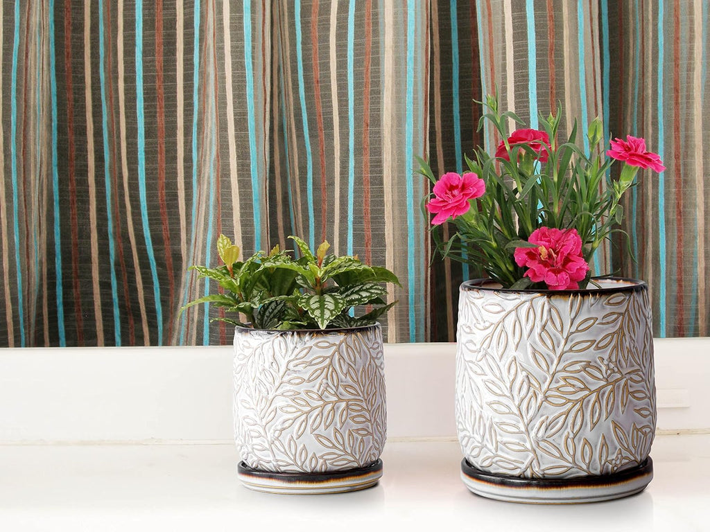 D'vine Dev 2-Pack Embossed Leaves Planter, 4/6 in, Smoked White, 27-B-U-1 | Nature-Inspired Leaf Pattern, Handcrafted