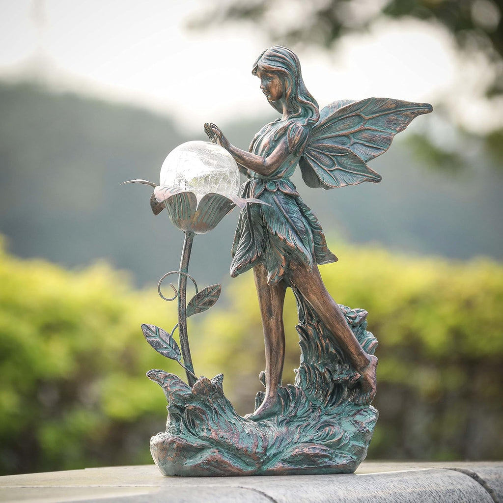 TERESA'S COLLECTIONS Garden Fairy Large Bronze Garden Sculptures & Statues Resin with Solar Outdoor Light, Valentines