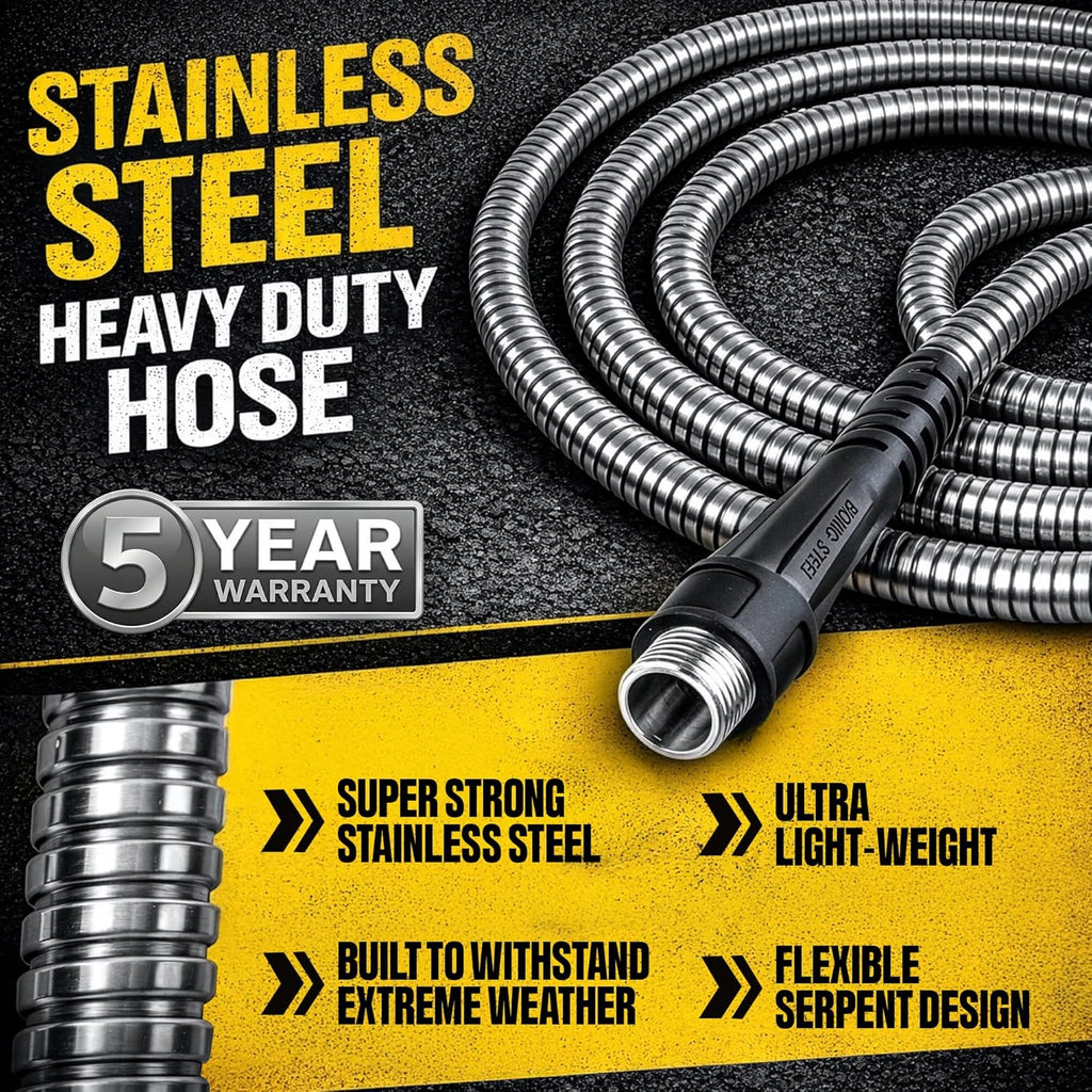 BIONIC STEEL 50 Ft Metal Garden Hose with Sprayer Nozzle | Non Kinking Design, Stainless Steel Heavy Duty Water Hose