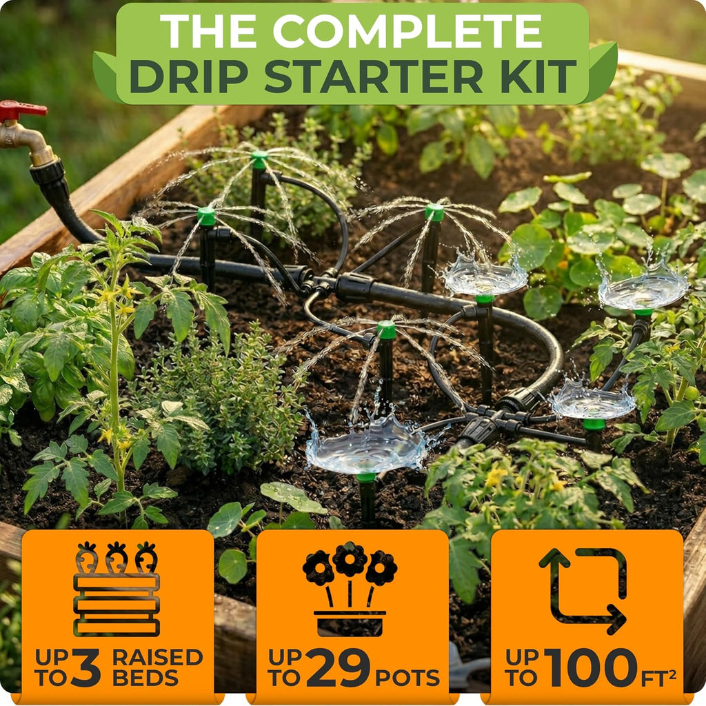 Quick Connect Drip Irrigation System Kit with Sprinkler, 100 feet | For Garden, Yard, Raised Beds, Plants, Lawn, with