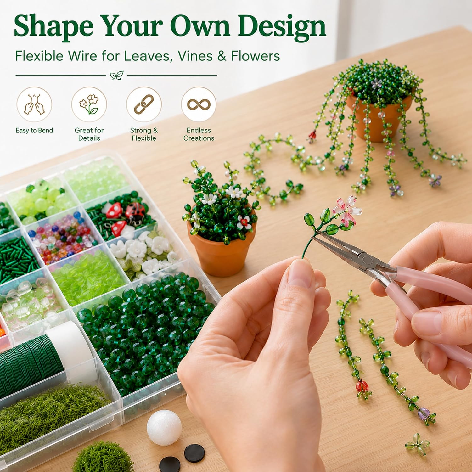 LWPFSD Beaded Plant Kit with 2 Mini Pots and Fridge Magnets | DIY Bead Plant Making Kit with Plant Beads, Craft Wire