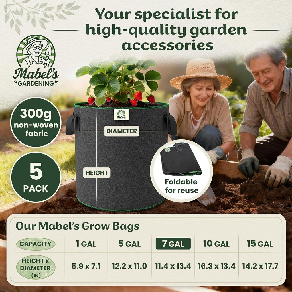 Mabel's Gardening 5-Pack 7 Gallon Grow Bags - Garden Planting Bags 13.4 x 11.4 INCH Made of 8.85 oz/yd² (300g/m²) Felt