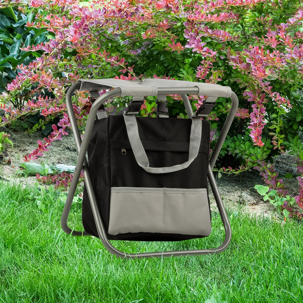 Pure Garden Folding Stool with 250lb Capacity and Garden Tools Set, Gray | Includes Detachable 7 Pocket Bag and 5