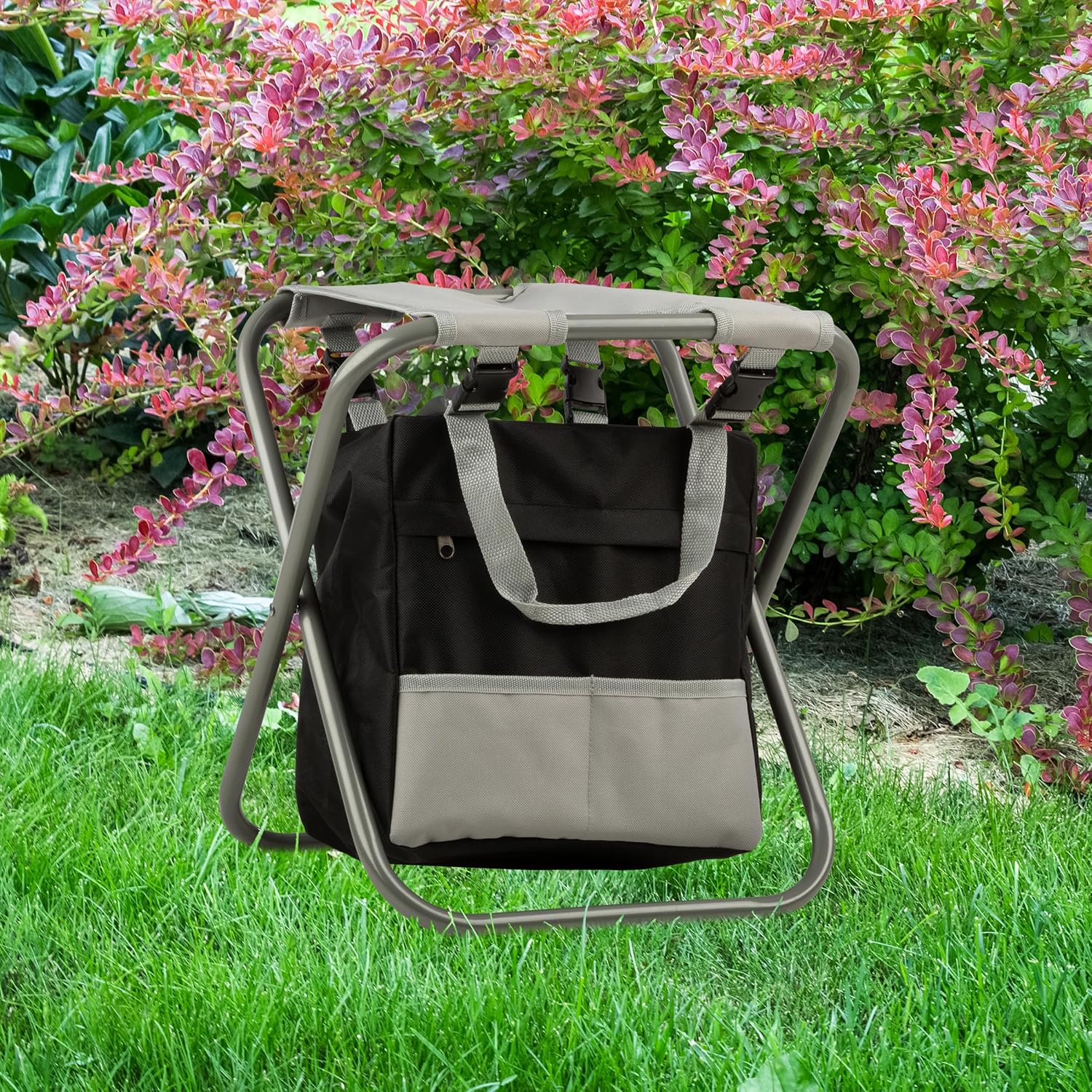 Pure Garden Folding Stool with 250lb Capacity and Garden Tools Set, Gray | Includes Detachable 7 Pocket Bag and 5
