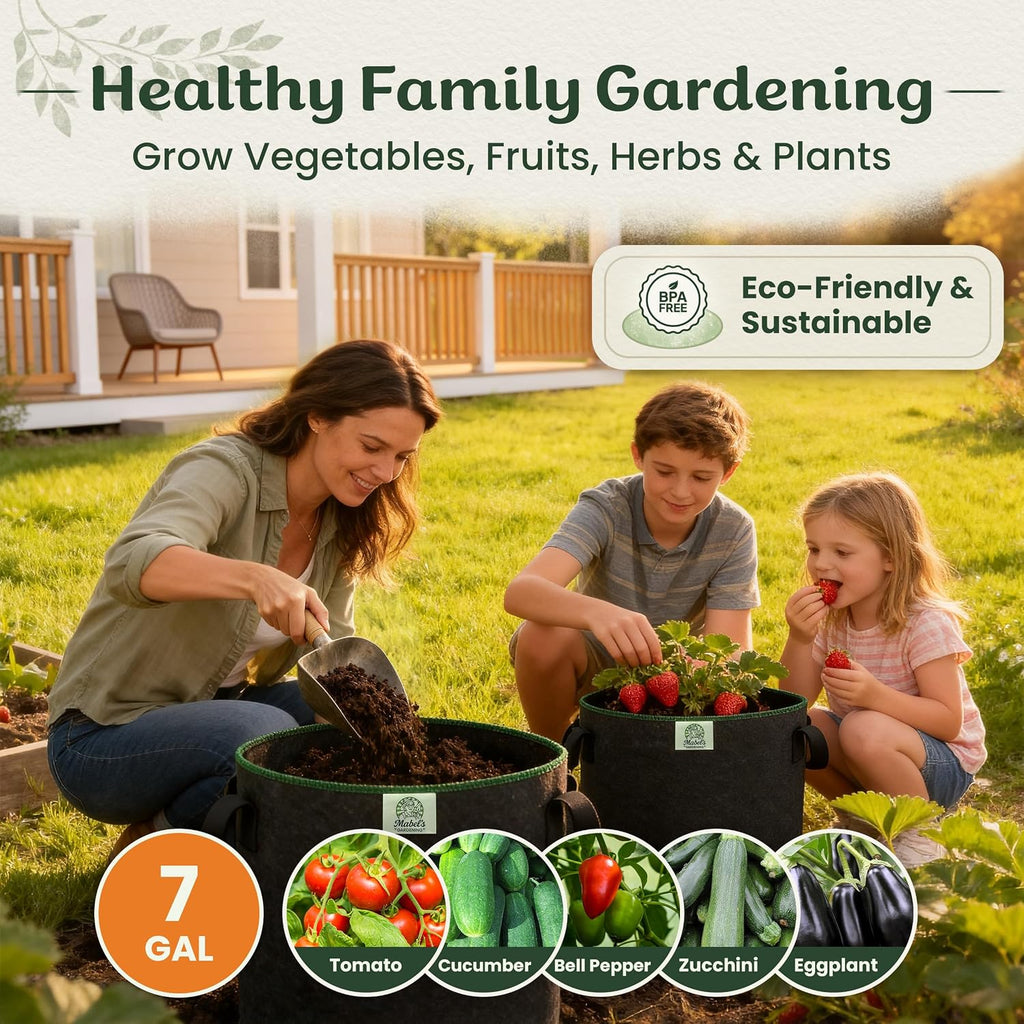 Mabel's Gardening 5-Pack 7 Gallon Grow Bags - Garden Planting Bags 13.4 x 11.4 INCH Made of 8.85 oz/yd² (300g/m²) Felt