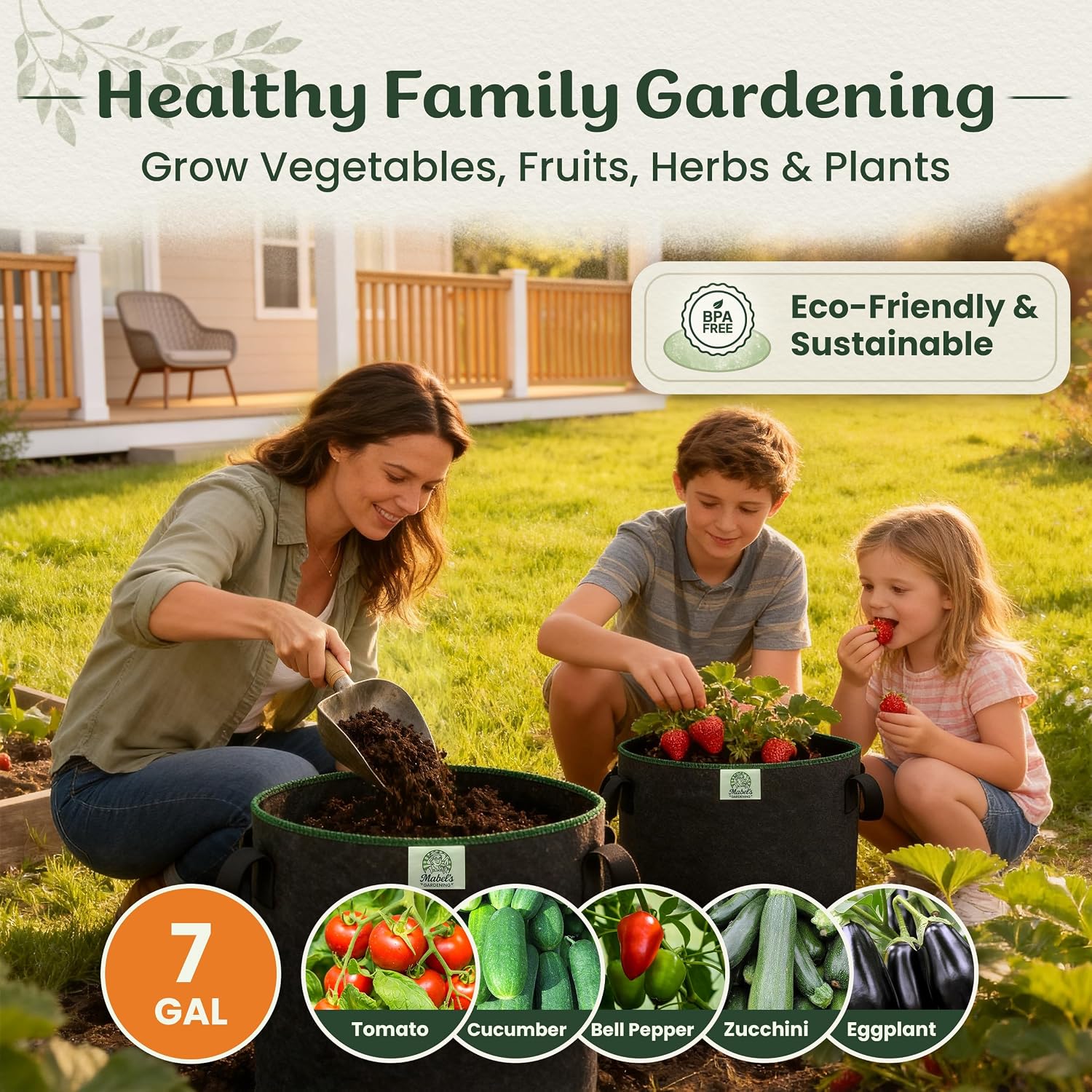 Mabel's Gardening 5-Pack 7 Gallon Grow Bags - Garden Planting Bags 13.4 x 11.4 INCH Made of 8.85 oz/yd² (300g/m²) Felt