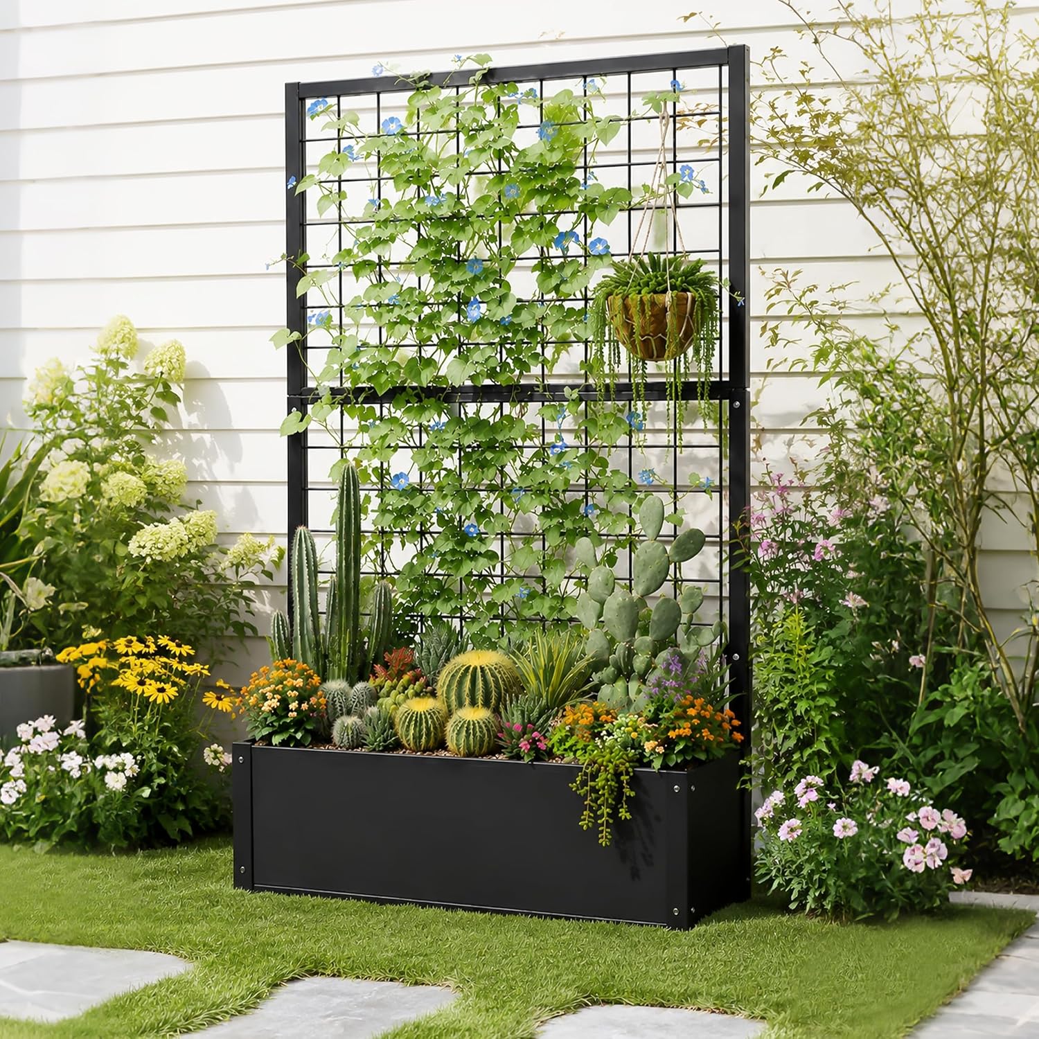 Garden Bed with Trellis Outdoor, Metal, 59in Tall | Metal Frame, 59in Tall Trellis for Climbing Plants, 12in Deep