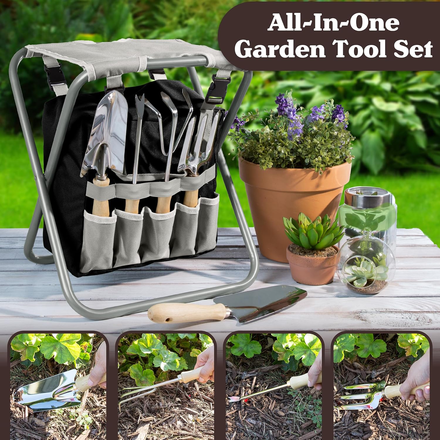 Pure Garden Folding Stool with 250lb Capacity and Garden Tools Set, Gray | Includes Detachable 7 Pocket Bag and 5
