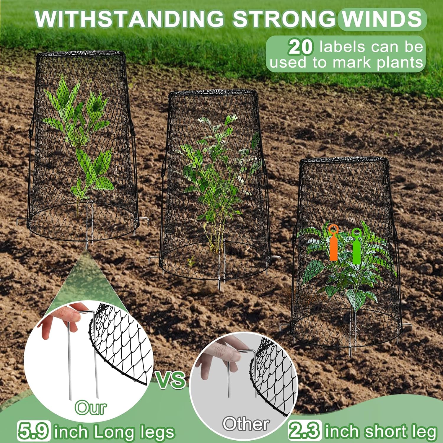 5 Pcs 17.7" Tall Garden Cloches for Plants, 5.9" Long Legs Ground Stakes Plant Cages Stackable Storage, Rustproof