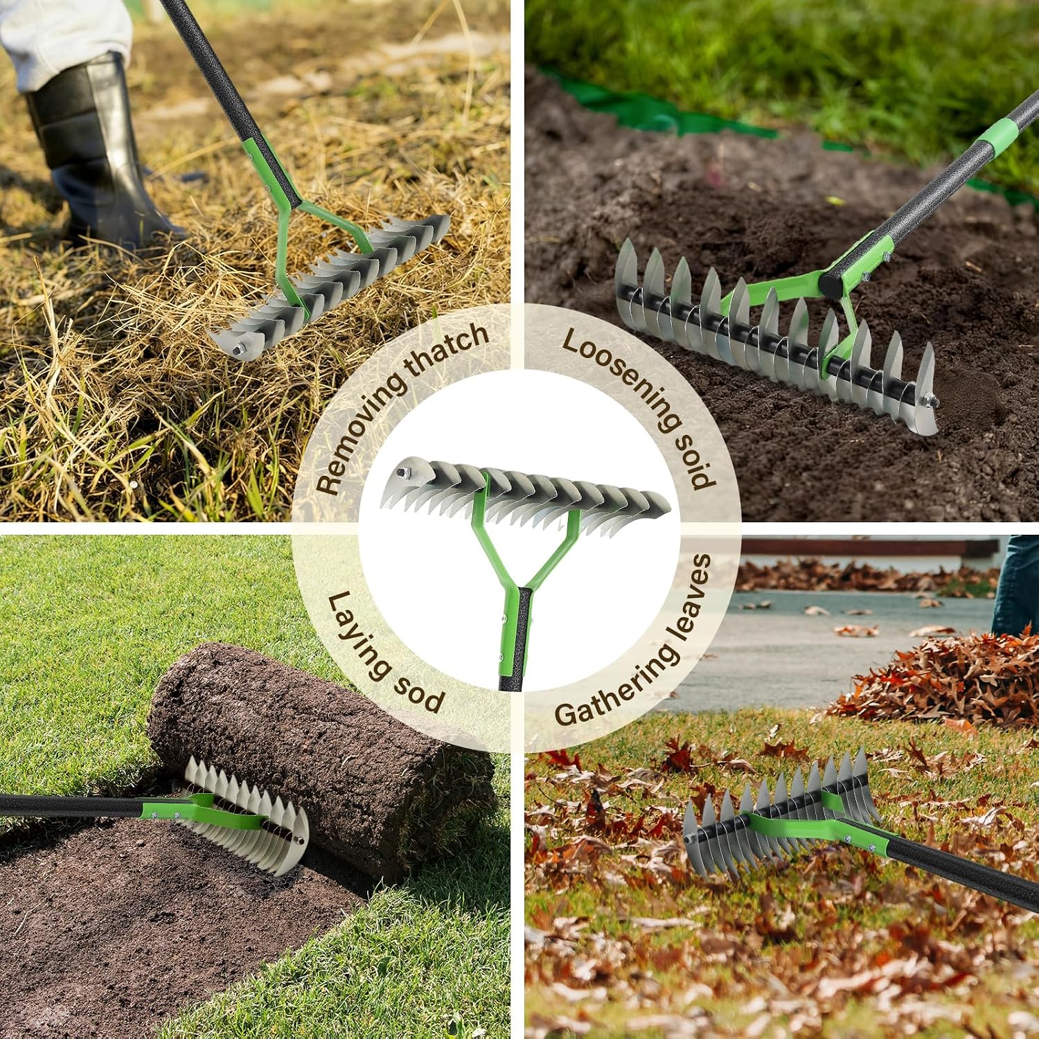 Thatch Rake, 13" Wide Efficient Dethatcher Rake with 70" Adjustable Long Handle, Heavy Duty Steel Metal Dethatching