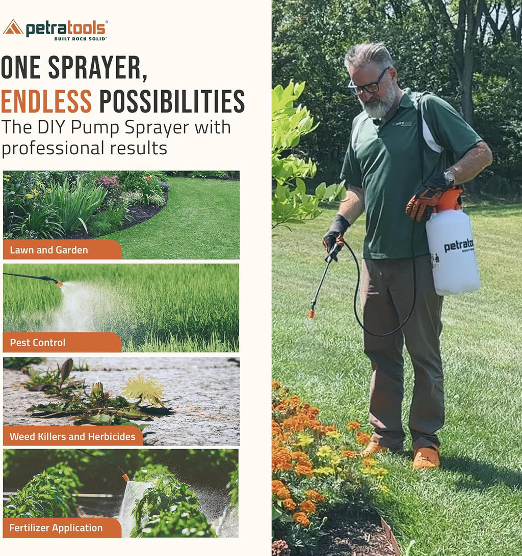 PetraTools HD201 Garden Pump Sprayer 2 Gallon, 52-in Long Hose & 2 Nozzles | Lawn & Garden Sprayer w/ Easy Carry Handle