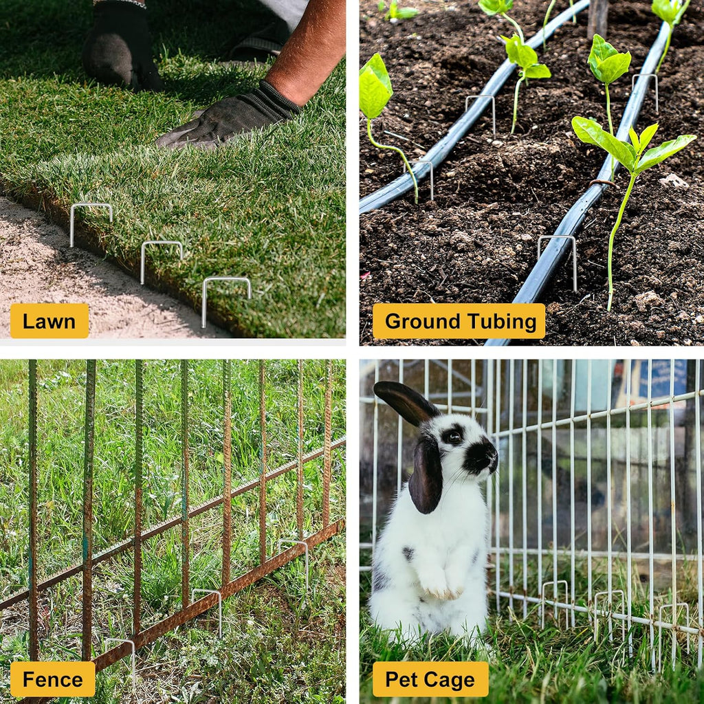 HongWay 500 Pack Landscape Staples 4 Inch, Galvanized Garden Stakes | 12 Gauge Ground Staples Sod Pins Yard Stakes for