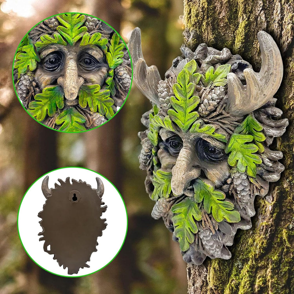 8.3" Real Tree Face Hugger Statue, Garden Outdoor Resin Sculpture with Foliage Features, Fairy Elve Accent Yard Art