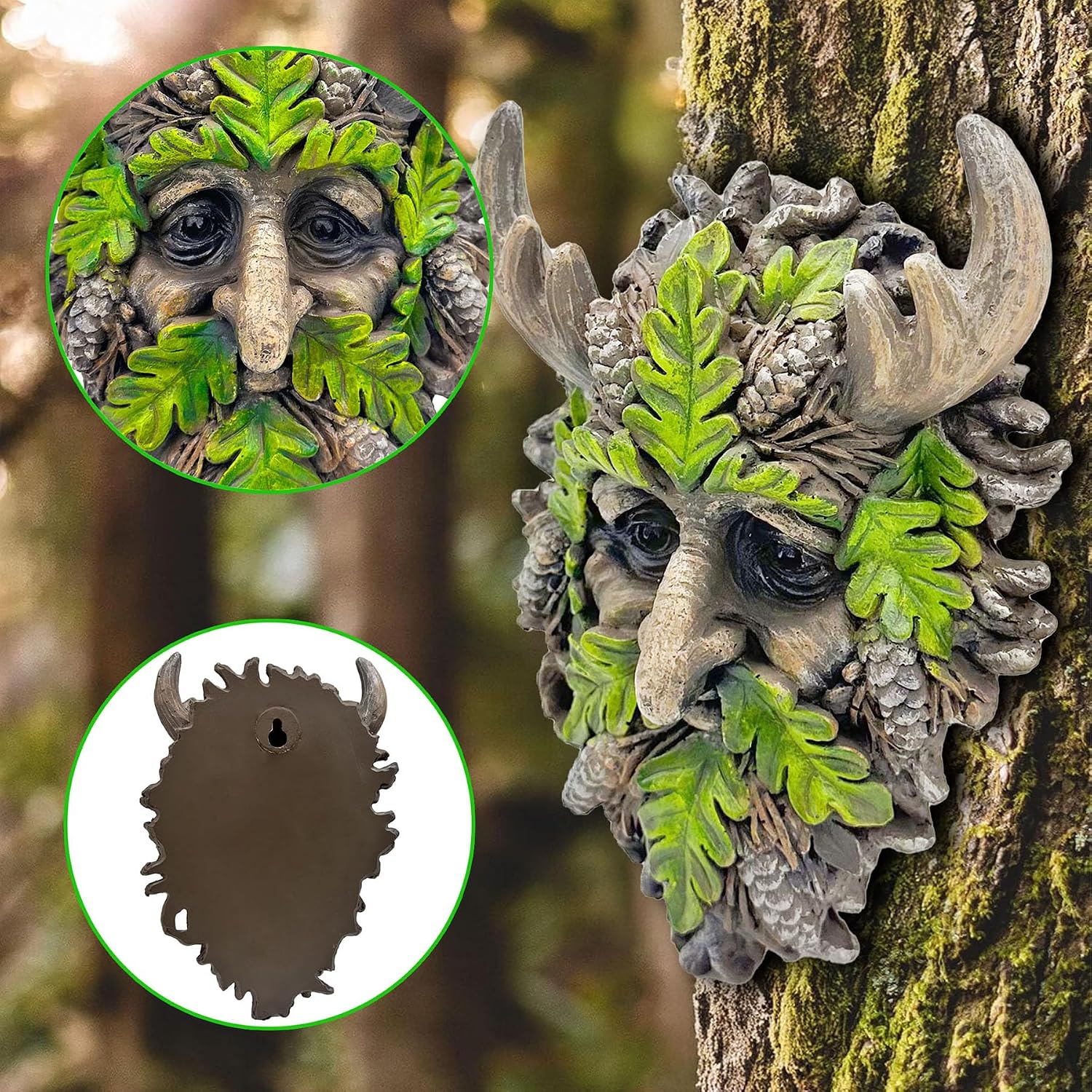 8.3" Real Tree Face Hugger Statue, Garden Outdoor Resin Sculpture with Foliage Features, Fairy Elve Accent Yard Art