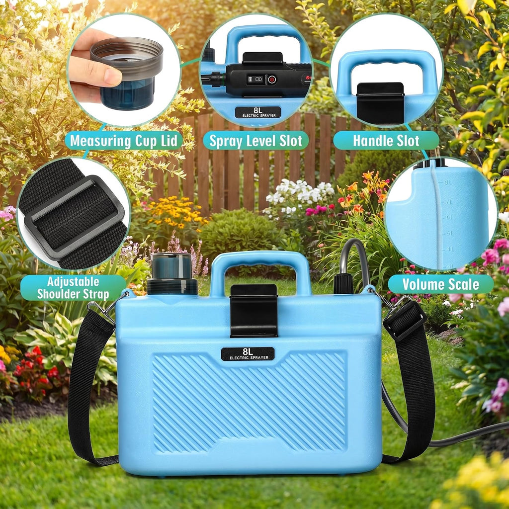 2 Gallon Battery Powered Sprayer, Upgrade Electric Garden Sprayer with 4 Types of Nozzles, 3-Level Adjustable Speeds
