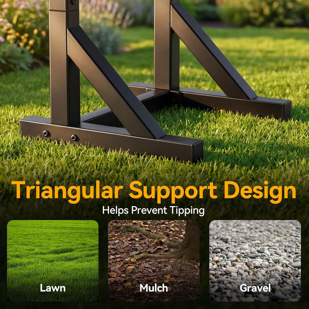 Garden Hose Holder Stand, Freestanding Heavy Duty Metal Hose Holder with Stable Base and Tool Hooks, Rustproof Water